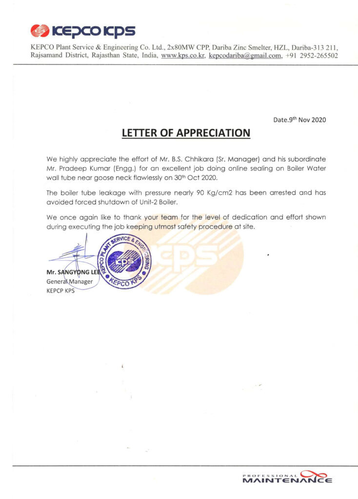 Appreciation letter Kepco