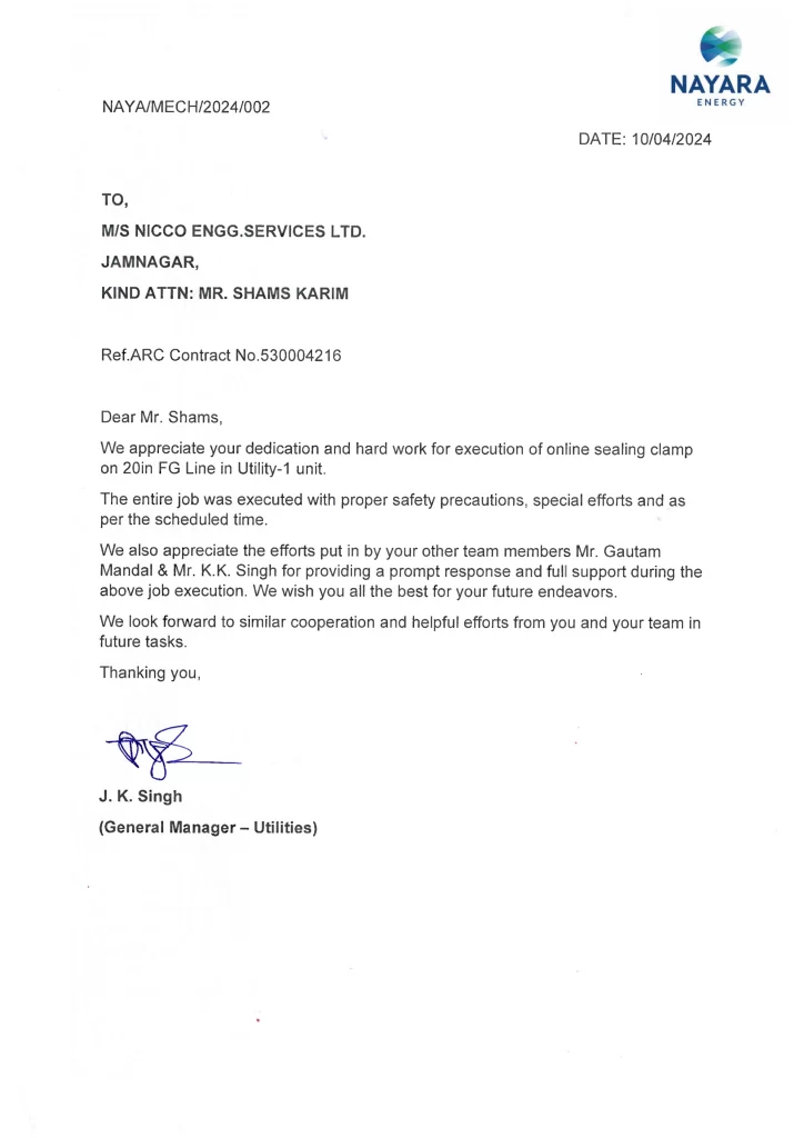 Nayara Energy Appreciation Letter